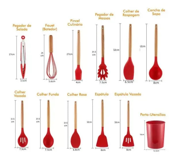 Kit Utensílios de Cozinha Silicone com Cabo de Madeira - 12 Peças