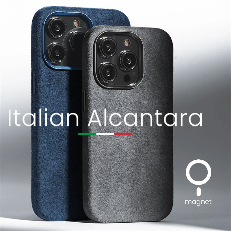 Capa de Couro Alcântara com ímã para iPhone 12, 13, 14, 15 + Pro Max + 14 e 15Plus