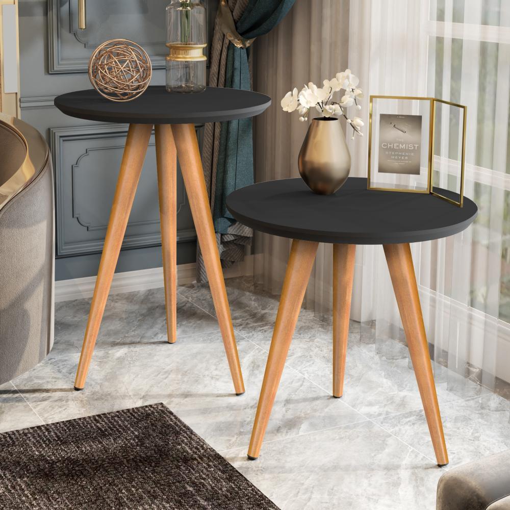 Mesa Lateral para Sala em Madeira Redonda – Kit com 2 Peças