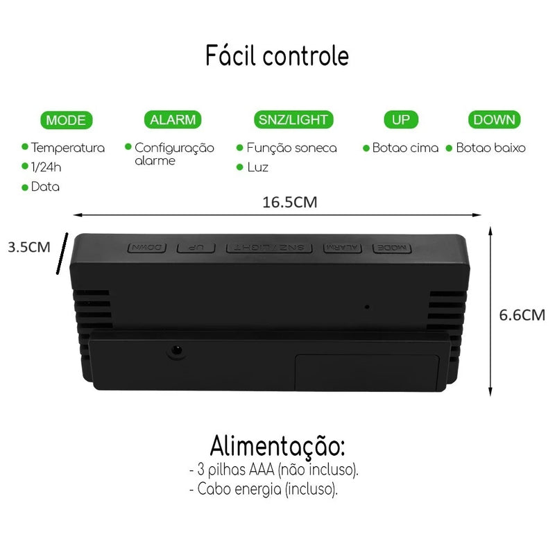 Relógio Digital Alarme Luminoso Recarregável USB Espelhado Vermelho e Branco de Mesa Led