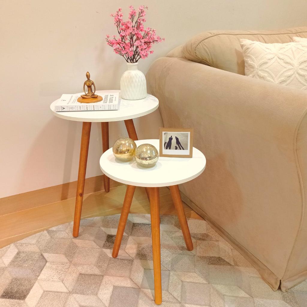 Mesa Lateral para Sala em Madeira Redonda – Kit com 2 Peças